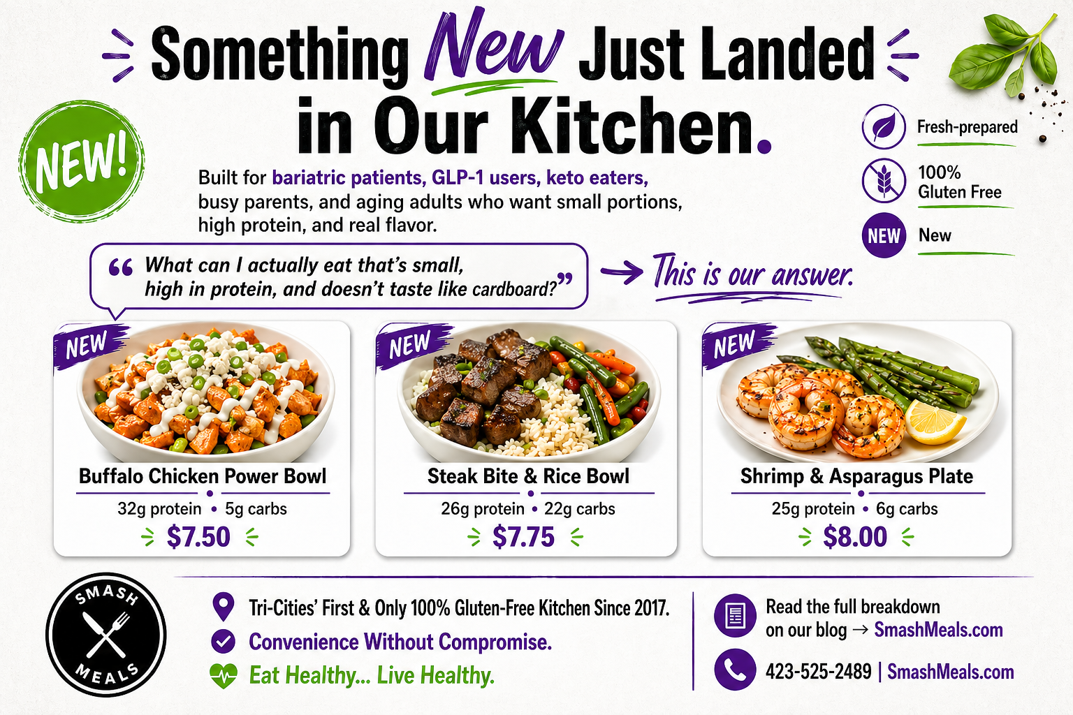 Smash Meals new bariatric, GLP-1, and keto-friendly meal line — Buffalo Chicken Power Bowl, Steak Bite & Rice Bowl, and Shrimp & Asparagus Plate