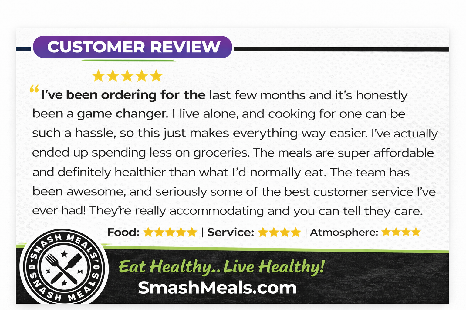 SmashMeals 5-star customer review about meal prep for solo living