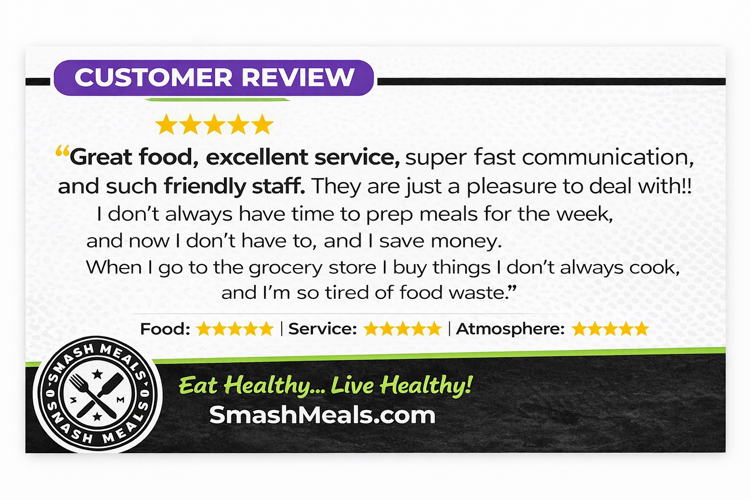 SmashMeals 5-star customer review about saving money and reducing food waste